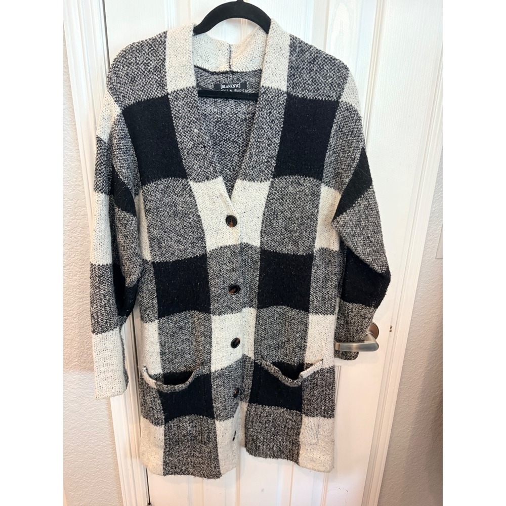 BLANKNYC Cardigan Black White Buffalo Plaid Longline Knit Sweater